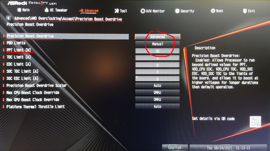 Setting the PPT BIOS setting to 35 watt on a ASRock Fatal1ty B450 Gaming-ITX/ac motherboard